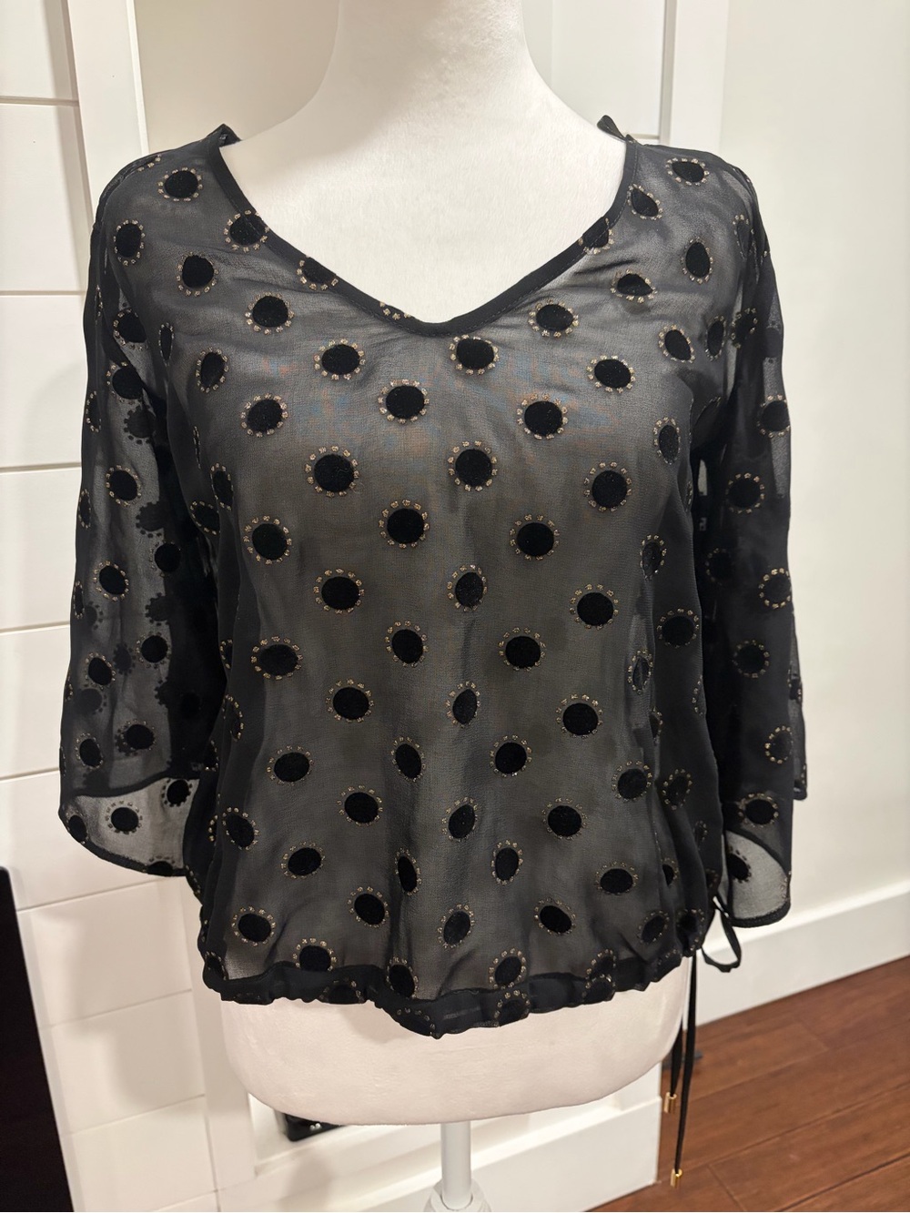Black Polka Dot Sheer V-Neck Women's Top